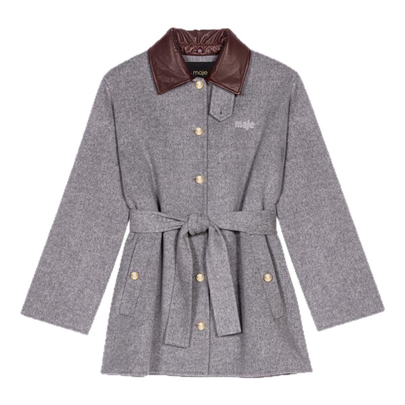 可拆卸撞色皮革领 气质系带长款款式