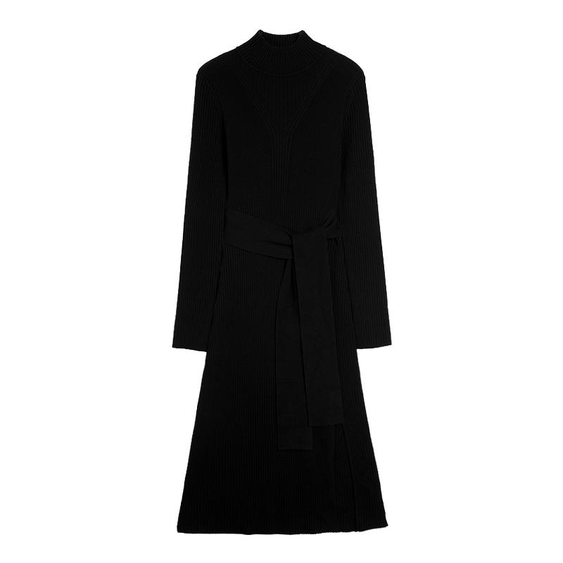 ELLE黑色绵羊毛修身针织连衣裙