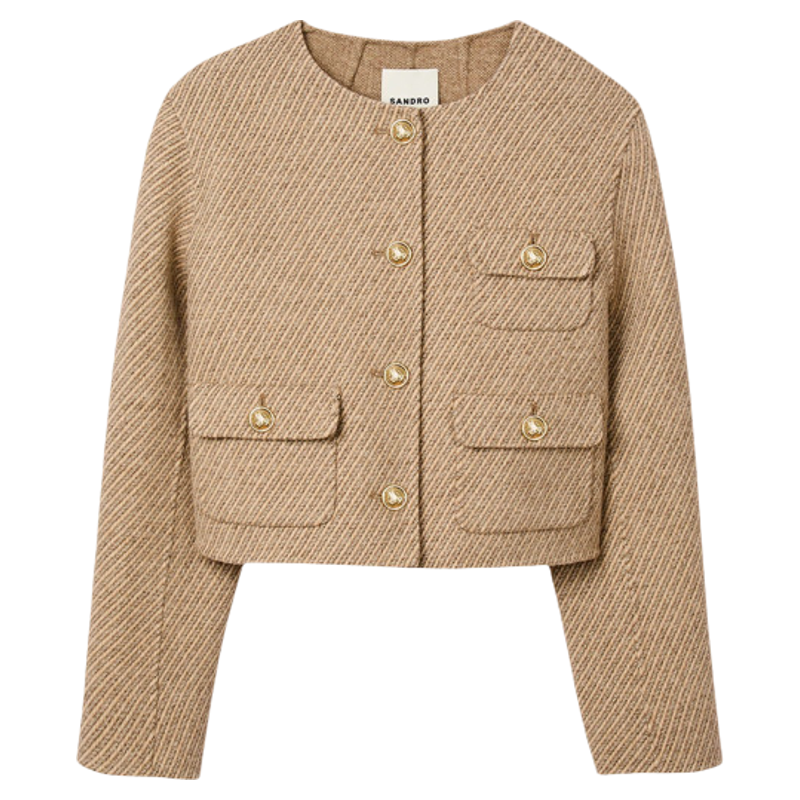 季末7折SANDRO2025秋冬新款女装迪木尔风绵羊毛混纺斜纹短外套,女装/女士精品,短外套,淘宝优惠券,粉丝福利购,淘宝优惠卷