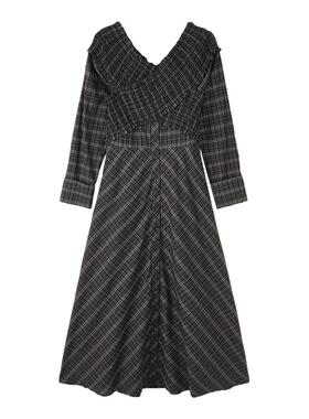 MOUSSY 春季新品法式乡村田园一字领格纹连衣裙028HAH30-1761