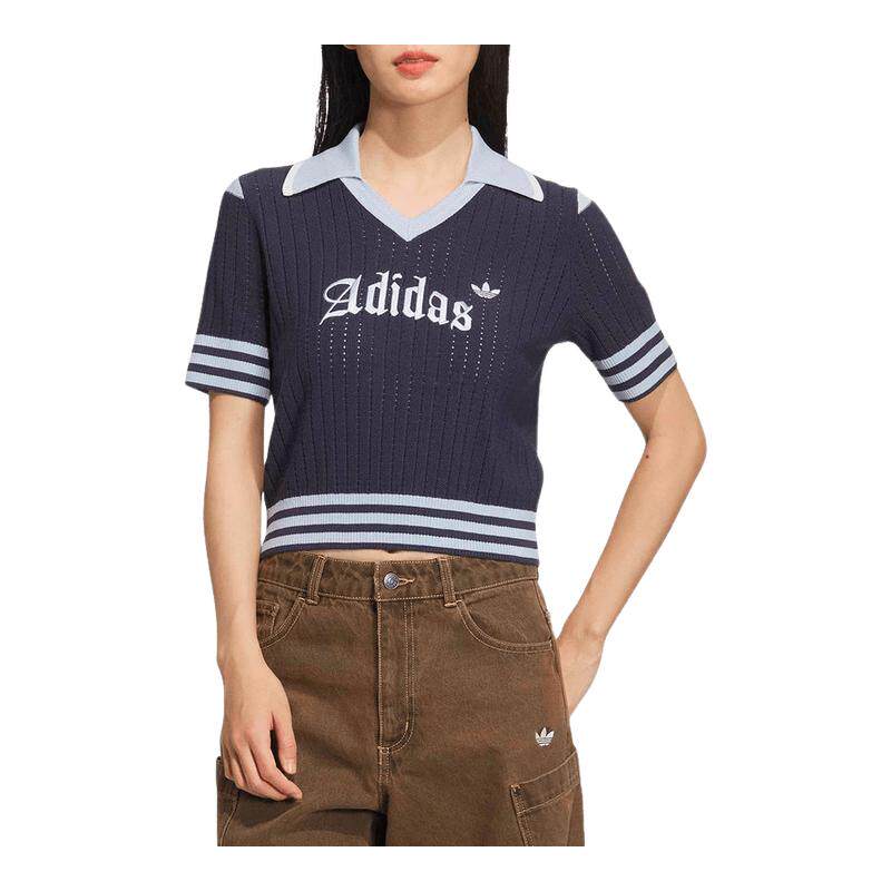 adidas阿迪达斯三叶草翻领针织运动衫女高腰短袖POLO衫T恤 KT3047