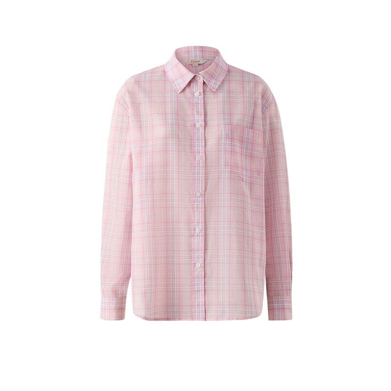 【莱赛尔】Eland衣恋衬衫女翻领后背抽碎褶长袖宽松格纹上衣夏季