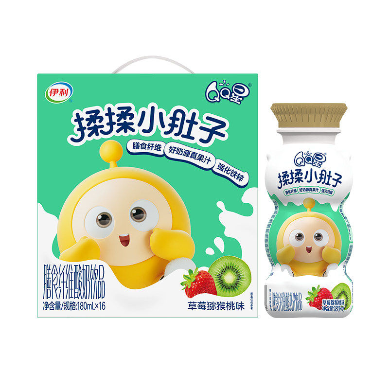 5月伊利QQ星草莓猕猴桃味蛋仔派对揉揉小肚子膳食纤维酸奶180ml箱