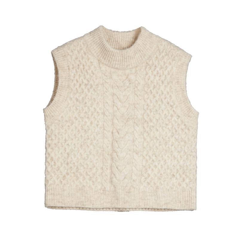 ELLE绵羊毛圆领绞花毛衣马甲