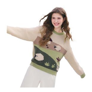 减龄拼色毛衫 betu百图设计感趣味图案套头毛衣女2025年冬季 新款