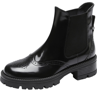 莱尔斯丹时光烙印新款复古真皮布洛克厚底切尔西短靴子女鞋50708