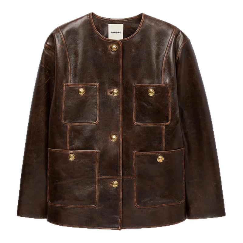SANDRO女装法式圆领羊皮革外套
