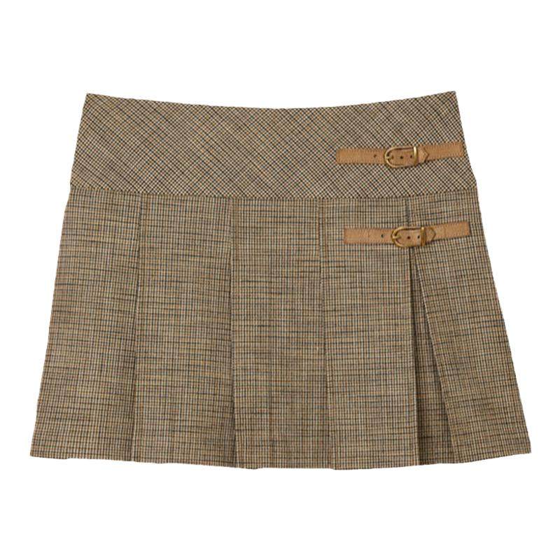 SANDRO秋冬女装法式简约学院风棕黄色复古格纹皮扣百褶半身短裙,女装/女士精品,半身裙,淘宝优惠券,粉丝福利购,淘宝优惠卷