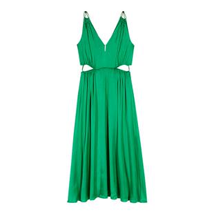 收腰长款 Maje2025春夏女装 绿色两侧露腰V领无袖 时尚 连衣裙 法式