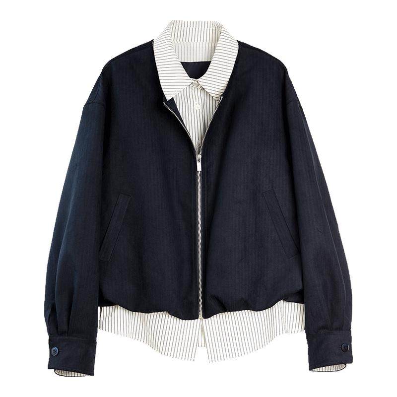 ELLE撞色麂皮绒短外套女2025秋新款高级感拼接独特宽松假两件上衣,女装/女士精品,短外套,淘宝优惠券,粉丝福利购,淘宝优惠卷