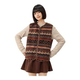 雪中飞2025冬新款女士保暖费尔岛羊羔毛马甲圆领重磅百搭外套