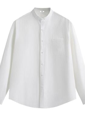 it :5cm/FIVECM绅士暗条纹中式休闲衬衫商务长袖无领订婚白色衬衣