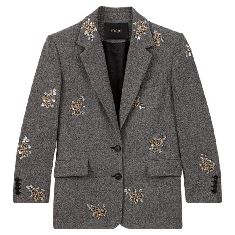 Maje2025秋冬新款女装法式时尚灰色花卉仿珍珠装饰翻领西装外套,女装/女士精品,短外套,淘宝优惠券,粉丝福利购,淘宝优惠卷