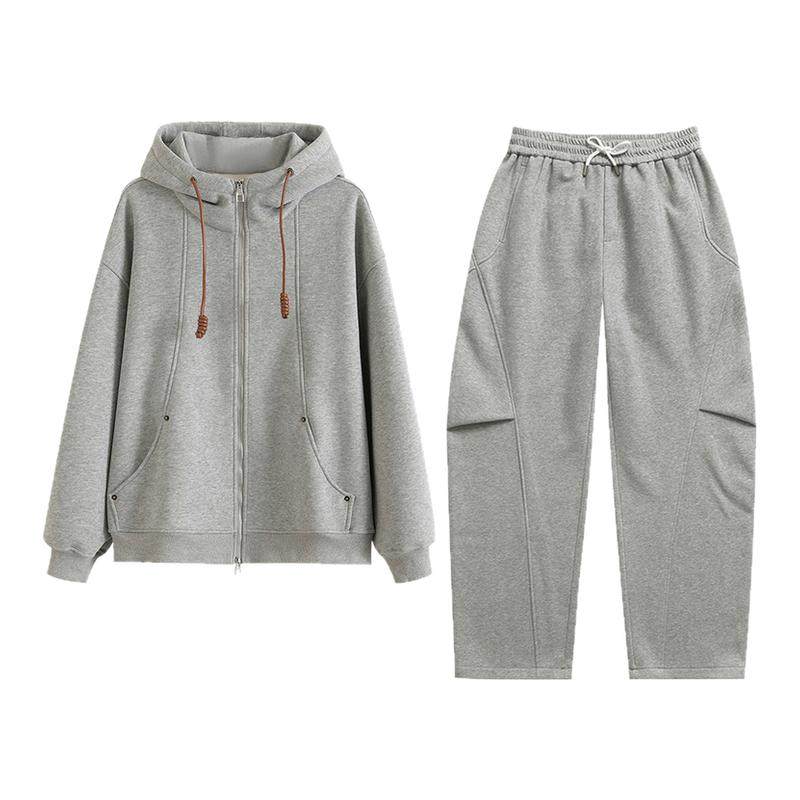 冬季加厚绒保暖卫衣卫裤男女同款多结构抽褶设计感套装