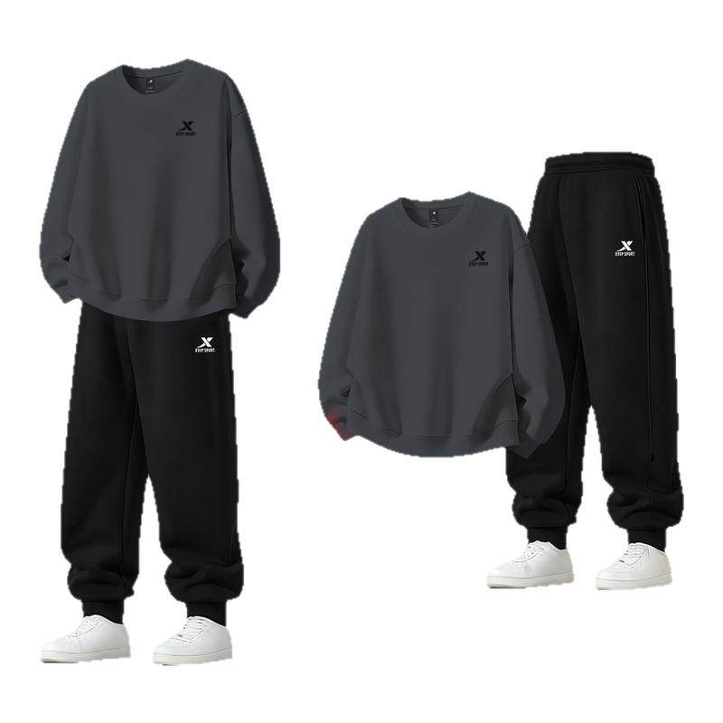 特步加绒运动套装男装2025冬季新款保暖黑色卫衣长裤运动服两件套