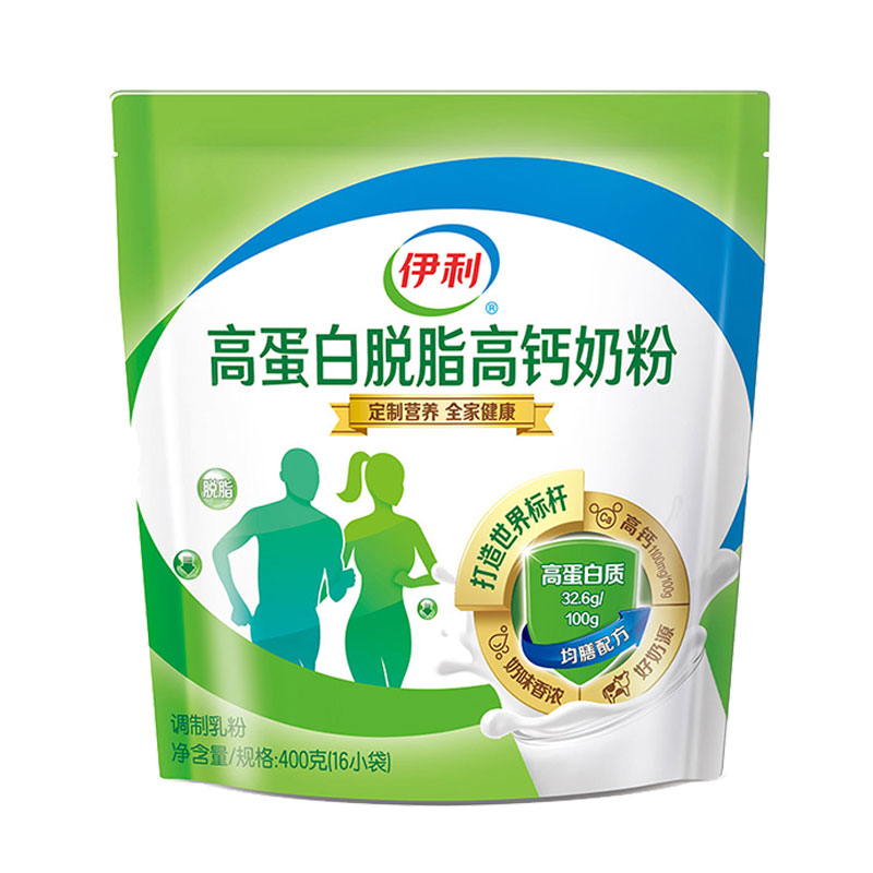 伊利脱脂高蛋白高钙奶粉400g成人女士学生儿童健身冲饮早餐牛奶粉