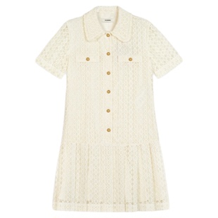 时尚 法式 白色小花边娃娃领百褶连衣裙 末6折SANDRO2025秋冬女装 季