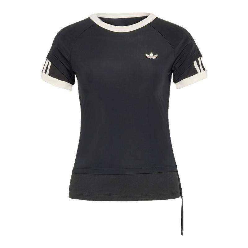 adidas阿迪达斯三叶草双层运动修身半截袖女三条纹短袖T恤 KW4528