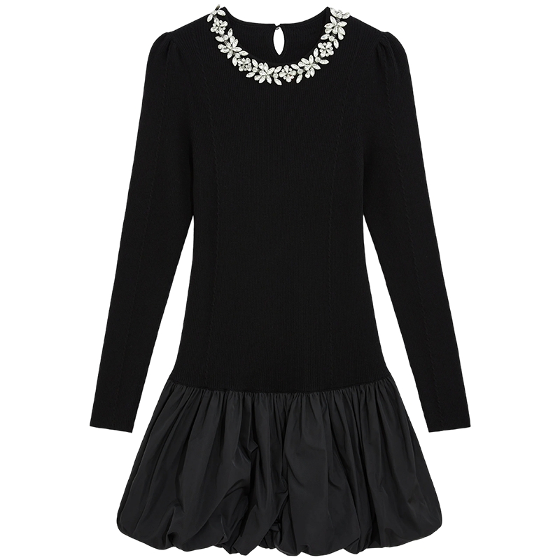 bebe2025秋冬新款轻熟圆领泡泡袖拼接设计连衣裙女430908