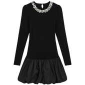 bebe2025秋冬女士千金风圆领泡泡袖 拼接设计连衣裙430908