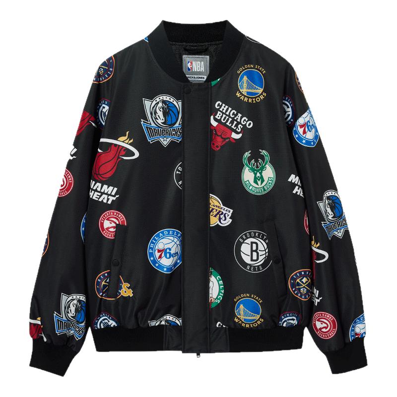杰克琼斯奥特莱斯NBA联名款男棉服春秋衣身满印立领廓形保暖外套