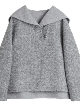 ELLE灰色绵羊毛混纺卫衣式毛呢大衣女2025秋季新款设计感休闲上衣