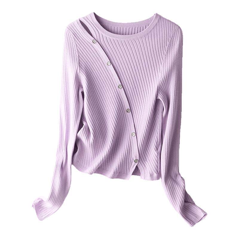 SMEN诗萌紫色斜开襟坑条针织衫女2026春秋长袖修身百搭设计感毛衣