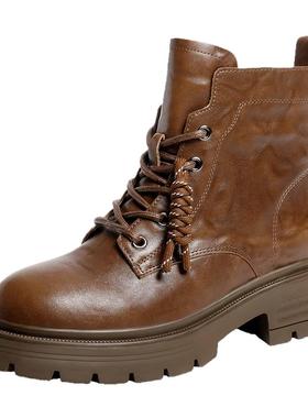 百丽厚底真皮英伦风马丁靴女冬季新款加绒保暖显瘦短靴子E4W1DDD5