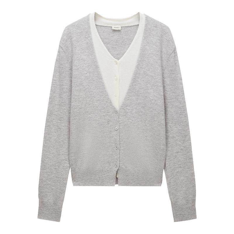 【季末折扣】欧时力 兔绒假两件V领针织外套开衫软糯2025秋冬新