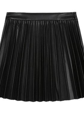 MOUSSY 冬季新品复古港风百褶皮裙美拉德半身裙028HAZ30-1361