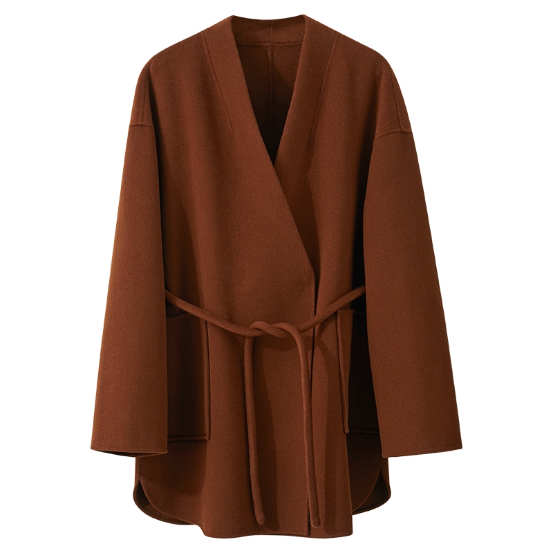 Amii羊绒通勤V领落肩袖双面呢