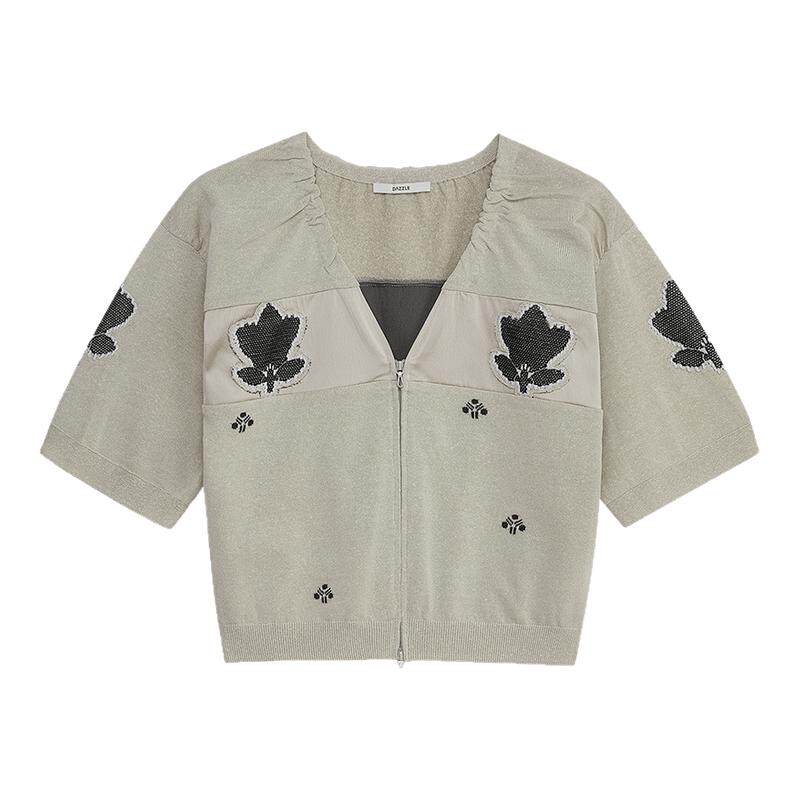 【奥莱专供】DAZZLE地素奥莱 毛针织衫V领嵌花拼接短袖开衫外套