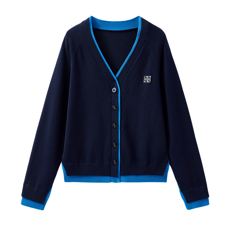 云上生活【舒展毛衫】假两件撞色羊毛混纺休闲针织衫春秋开衫女