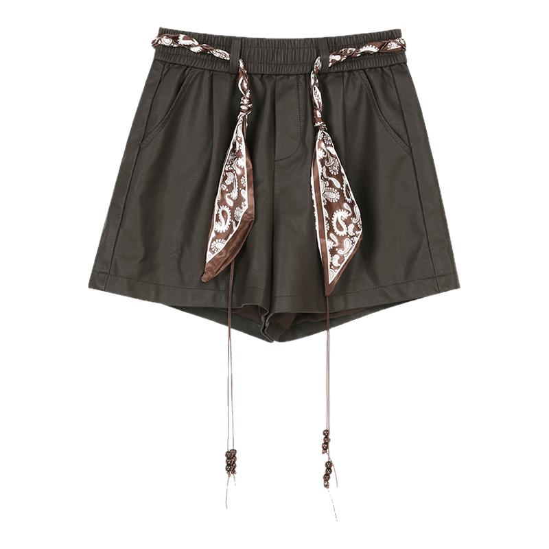 【送腰带】妖精的口袋2025秋新款宽松阔腿高腰显瘦短裤皮裤