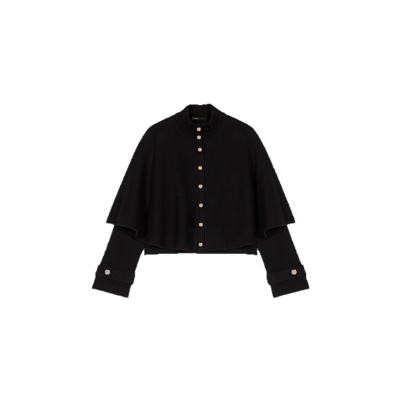 黑色半高领长袖披肩款针织开衫