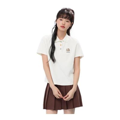 紫涵polo领短袖T恤女2025年夏季新款学院风猫咪刺绣白色休闲上衣