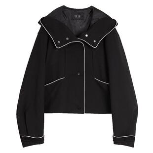 ELLE黑色绵羊毛撞色连帽短外套女2025秋季 高级感通勤风上衣 新款