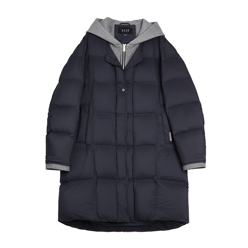 ELLE90白鸭绒假两件连帽长款羽绒服女2025冬新款加绒加厚保