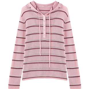 连帽宽松毛衫 秋水伊人条纹针织衫 长袖 上衣2025秋冬新款 女镂空罩衫