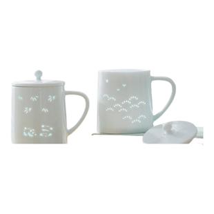 南山先生 玲珑陶瓷马克杯带盖女生高颜值陶瓷杯大容量办公室水杯