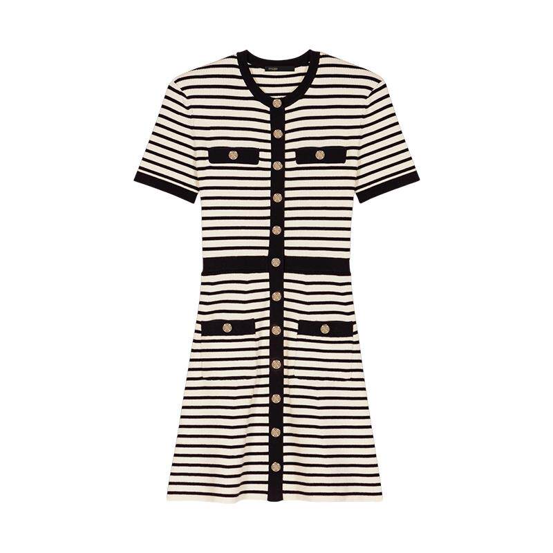 Maje2025秋冬女装法式时尚撞色条纹圆领短款收腰短袖针织连衣裙