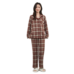 顶瓜瓜梭织格纯棉磨毛睡衣套装女款秋冬季开襟长袖复古格子家居服