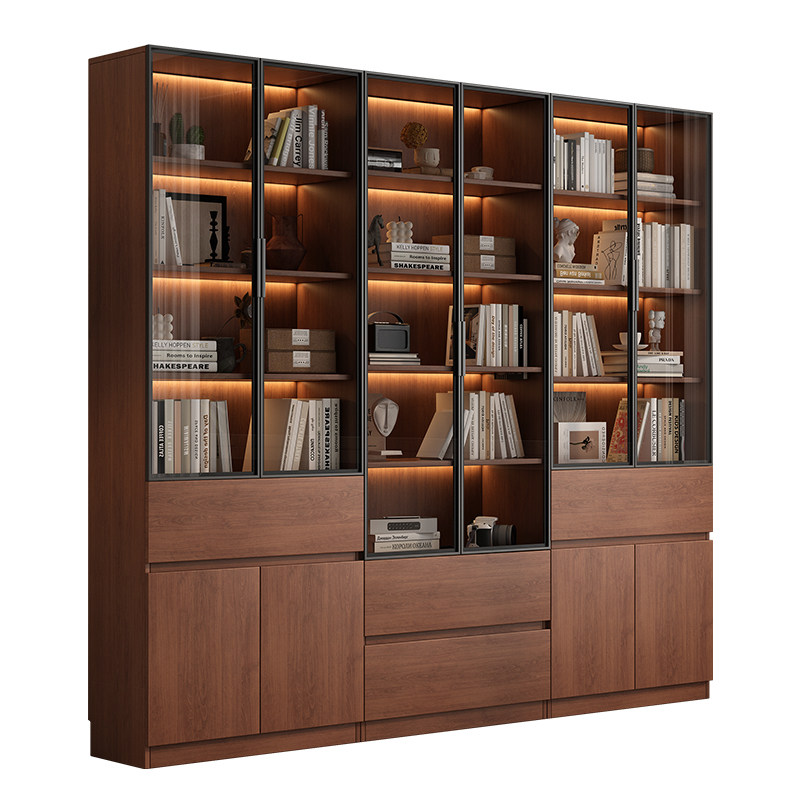 胡桃带玻璃门客厅书柜一体整墙组合书橱展示柜柜子组合柜储物柜