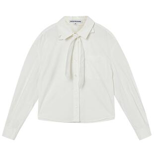 百搭长袖 美特斯邦威飘带衬衫 白色短款 新款 宽松学院上衣女 女春季