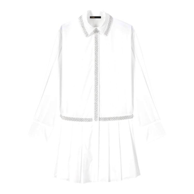 Maje秋冬女装法式优雅白色百褶短款仿珍珠点缀长袖衬衫领连衣裙