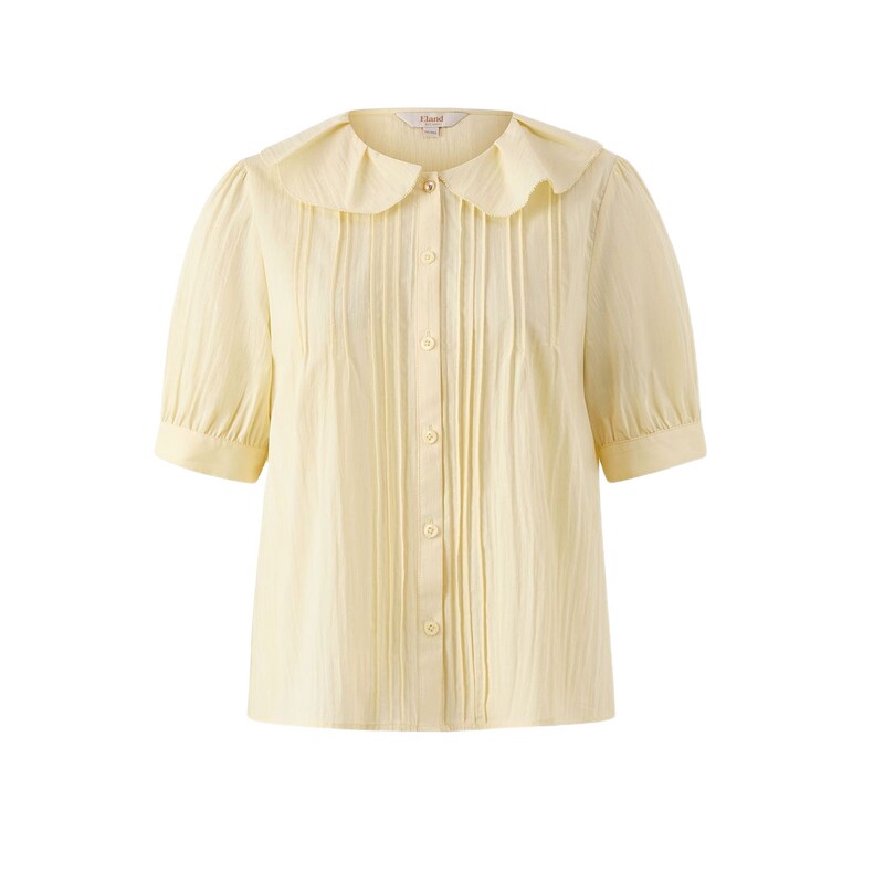 Eland衣恋衬衫女荷叶领狗牙边刺绣中长泡泡袖薄上衣夏季