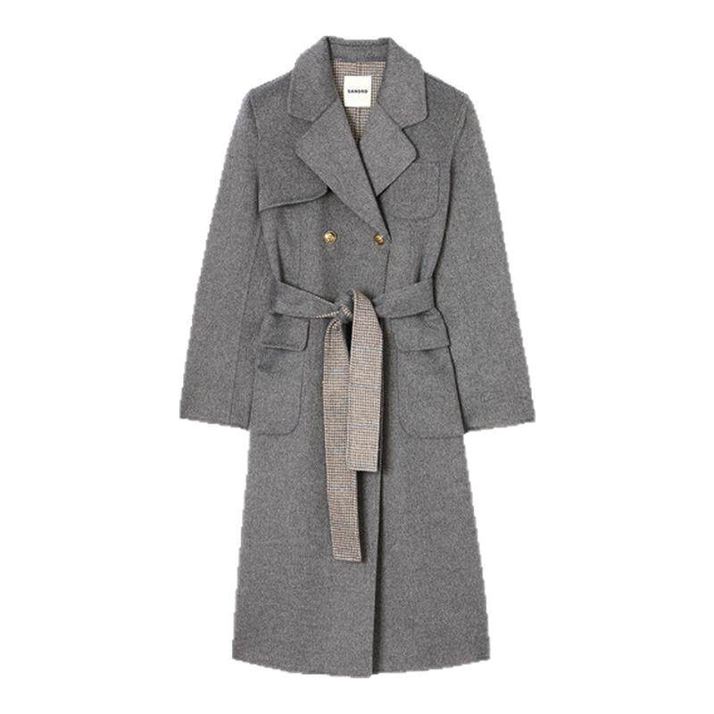 SANDRO长款系带毛呢大衣外套