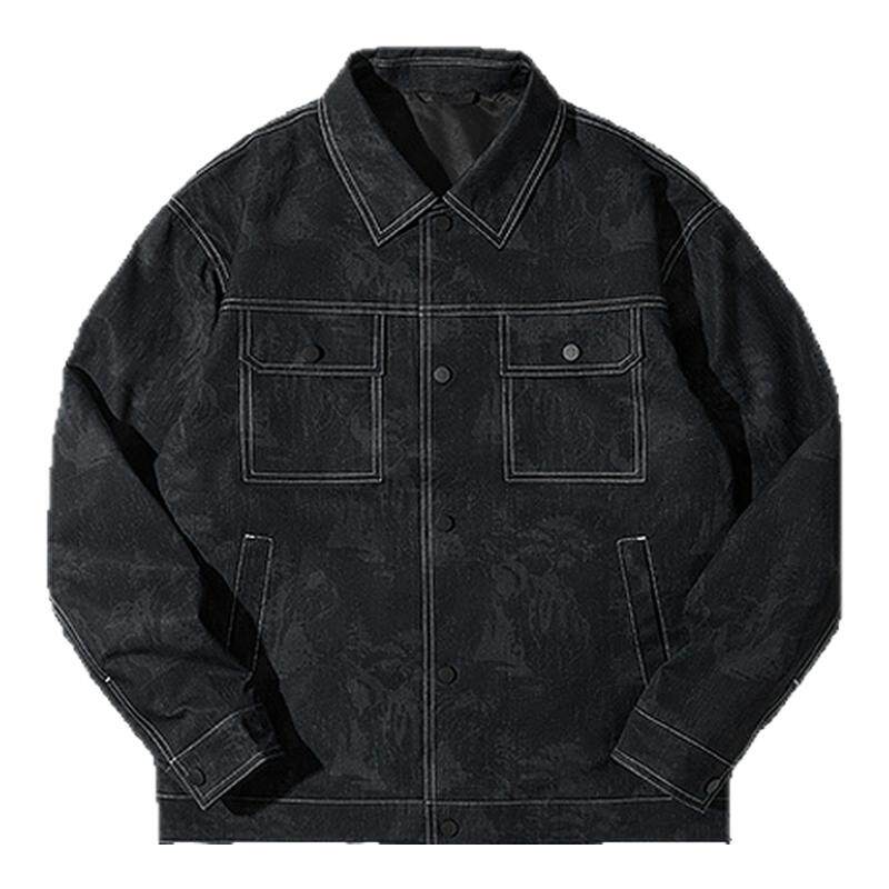 海澜之家山不在高工装翻领休闲夹克春夏新仿牛仔时尚花纹外套男装