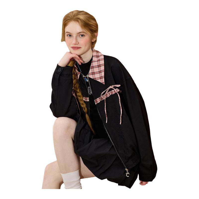 coolhut美式拼接格子领撞色蝴蝶结绑带2026春季女士外套翻领上衣,女装/女士精品,短外套,淘宝优惠券,粉丝福利购,淘宝优惠卷