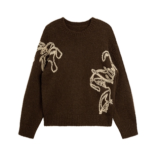 ELLE法式撞色绣花圆领针织衫女2025冬季新款设计感休闲软糯毛衣